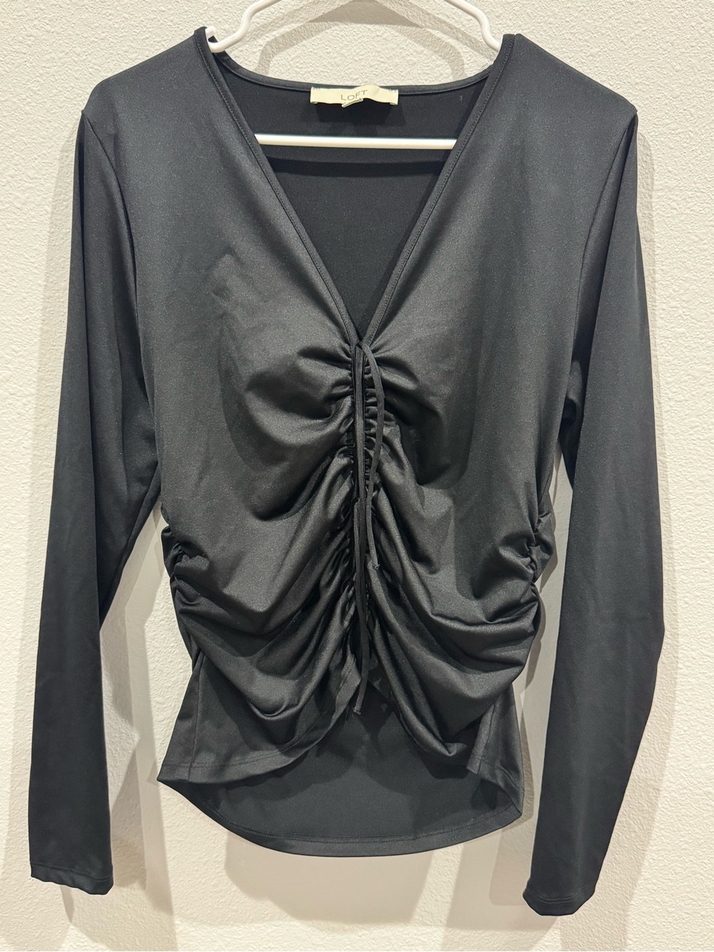 LOFT Black Ruched Front V-Neck Long-Sleeve Top